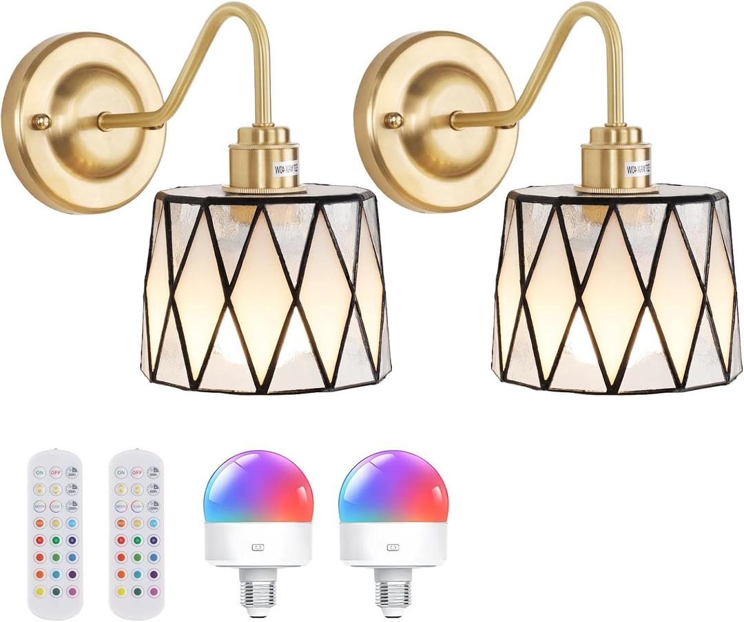 Vintage Battery Operated Wall Sconce Set of 2, 5000mAh Rechargeable Wall Lamp 12 RGB Colors Dimmable, Gold Lights Fixture for Bedroom Bathroom Living Room Hallway Clear Checker