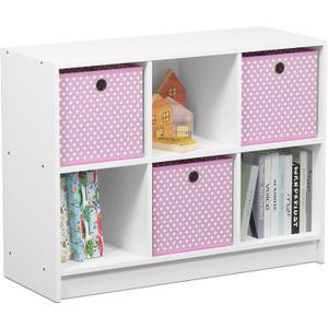 Furinno BASIC Book Shelf, 6-Cube Bookshelf with Open Shelf, 3 x 2 Bookcase with Storage Bins, Closed Back, Horizontal, 11.9 x 31.6 x 23.6, for Living Room, Bedroom, Home Office, White/Pink