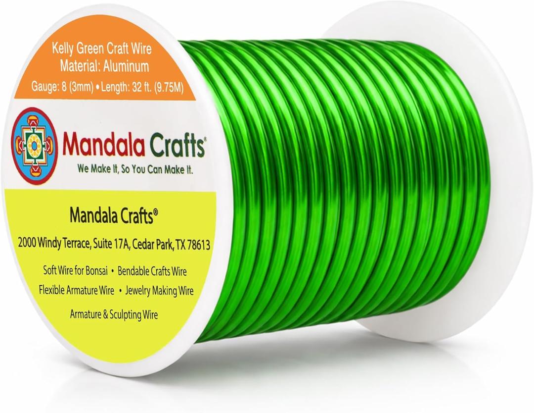 Mandala Crafts 8 Gauge Anodized Aluminum Craft Wire for Jewelry Making - 32 FT Colored Flexible Kelly Green Wire - Bendable for Bonsai Armature Crafting Sculpting