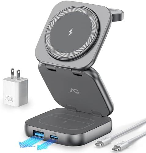 Wireless Charger for MagSafe, AC Island 5-in-1 Portable Travel Charging Station, 15W Max Fast Foldable Magnetic Stand, Evolved for iPhone 16/15/14/13 Series, Apple Watch, AirPods (with 35W Adapter)