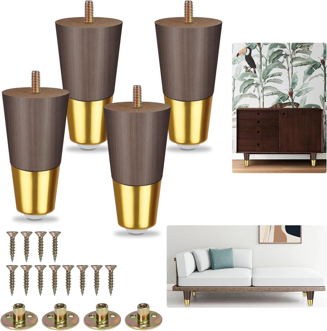 JAMIEWIN Wood Furniture Legs 4 Inch Set of 4, Wooden Sofa Leg with Gold Caps, Mid-Century Modern Replacement Feet for Couch Dresser Cabinet Coffee Table TV Stand Armchair Ottoman etc