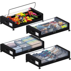 Under Bed Storage with Wheels, XXL 60L Under the Bed Storage Bins, Underbed Storage Containers with Lids & Label, Rolling Metal Drawer for Shoes, Clothes, Books, Toys (4-Pack Black)