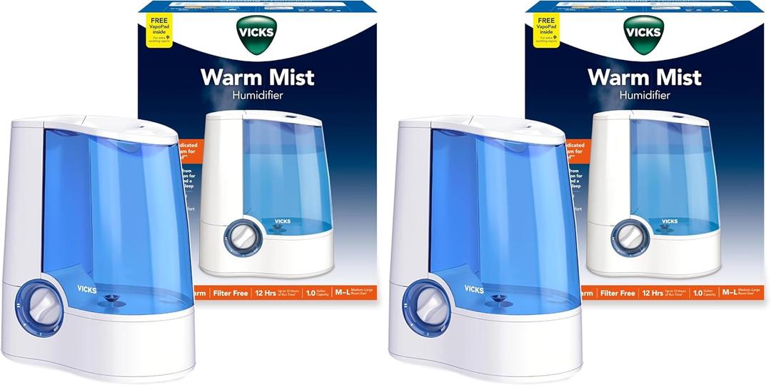 Vicks Warm Mist Humidifier FilterFree 1 Gal Tank,Auto ShutOff,Night Light,VapoPad and VapoSteam Compatible,(Pack of 2) (White)