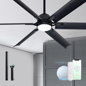 60 Inch Smart Outdoor Ceiling Fan with Light,6 Matte Black Aluminum Blades