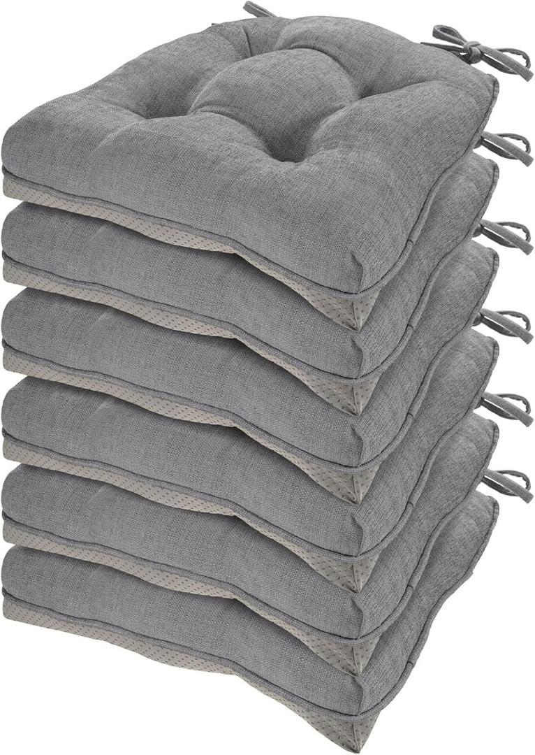 HARBOREST Chair Cushions for Dining Chairs Set of 6 - Chenille Tufted Kitchen Chair Cushions with Ties and Non-Slip Bottom, Foam Chair Pads for Dining Chairs, 17" x 17", Grey