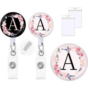 2Pcs A-Z Letter Badge Reels with Vertical Clear Plastic ID Card Holders (2.5" x 3.7") Retractable Name Tag ID Clip Holder Nursing Student RN Pediatric Teacher Office Work Accessories A