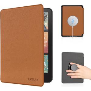 CoBak Case with Fold-Back Magnetic Cover for 7" Kindle Paperwhite 12th Gen 2024 and Kindle Colorsoft - for PopSockets Grip, Compatible with iPhone MagSafe and Anker Wireless Charging Pads, Auto Wake (Brown)