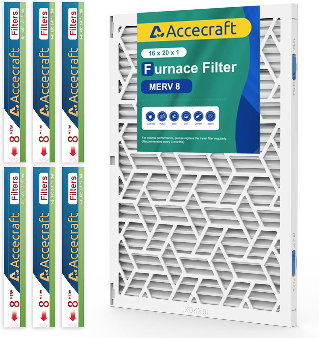 16x20x1 Air Filter MERV 8, Advanced Dust Defense,Cost-effective,1 Reusable ABS Frame + 6 Pack Replaceable, Quality Furnace Filter Media for AC & Furnace Applications1 Frame+6 Filter
