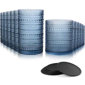 Hobnail Drinking Glasses Set of 12 Count, Vintage Glassware, Old Fashioned Glasses, 6 Highball Bubble Drinking Cups 14.5 oz, 6 Rocks Cups 10 oz with 6 Silicone Coasters, Blue