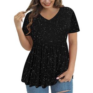 RITERA Ladies Plus Size Tops Short Sleeve Black Sequin Tunic Oversized Casual Summer Henley Shirts Loose Fit Pullover Spring Blouses Flowy Paillette Shirts Casusal Tshirts 3X 3Xl 22W 24W