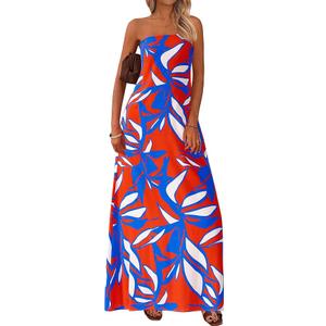 MASCOMODA Summer Boho Floral Maxi Dresses for Women 2025 Strapless Tube Top Dress Smocked Flowy Beach Vacation Long Sundress(Orange Red Blue Flower,X-Large)