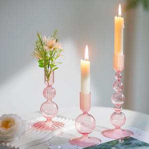 Hewory Glass Candlestick Holders Set: 3PCS Pink Candle Holder Taper Candle Holders Bulk, Crystal Ribbed Candle Sticks Holder Decor for Table Centerpiece Wedding Christmas Thanksgiving Dinner