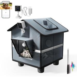 Outdoor Cat House with Camera (2K) for Single Cat up to 12lbs, Insulated Cat House Outdoor Weatherproof, Feral Cat Shelter with Dual-Mount Cam (View Inside or Out), Magnetic Door, Stakes & Cat Teaser (Live View Kit, Gray)
