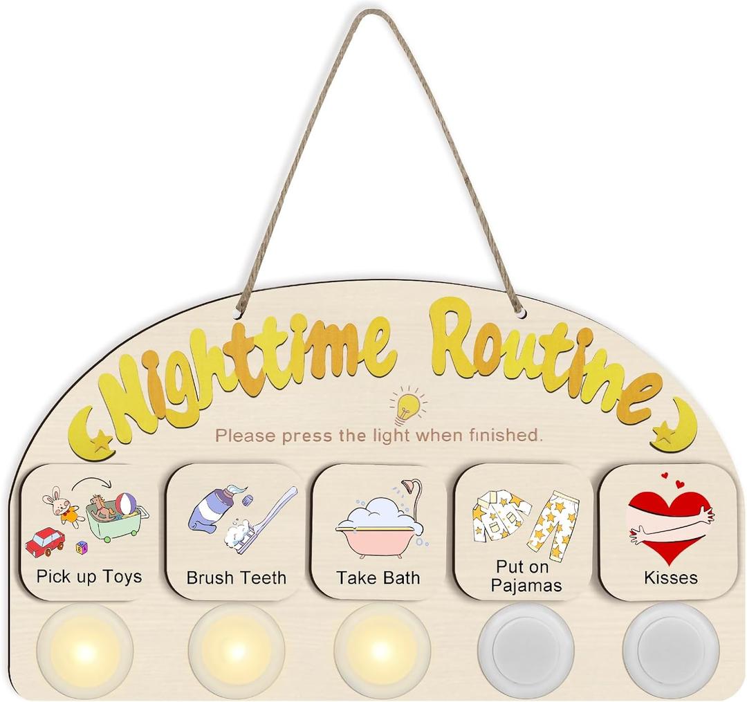 Bedtime Routine Chart for Toddlers, Visual Schedule Chore Chart Night to Do List with 5 Tap Lights & 8 Activity Cards Planning, Wooden Schedule Board for Kids, Preschoolers, Autism, ADHD Tools (Yellow)
