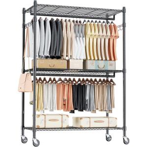 Homdox 3 Tier Heavy Duty Garment Rack with Wheels, Adjustable Wire Clothes Rack with Double Hanging Rods, Portable Closets for Hanging Clothes with Side Hooks, Black