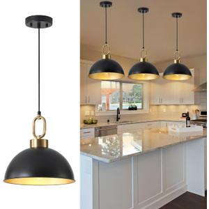Vintage Pendant Light Fixture, Matte Black Pendant Lights Kitchen Island 12.2In Farmhouse Industrial Adjustable Height Chandeliers for Dining Living Room Hallway 1 Pack