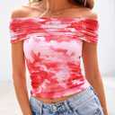 PRETTYGARDEN Women's Off The Shoulder Short Sleeve Ruched Slim Fit Blouse (Pink, S)