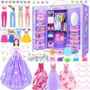 65Pcs Doll Clothes and Accessories with Doll Closet for 11.5 Inch Doll Dress up Set with 1 Doll Fashion Dresses Outfits Tops and Pants Shoe Rack Bags Gift Toy for Girls 4 5 6 7 8 9 10 Years