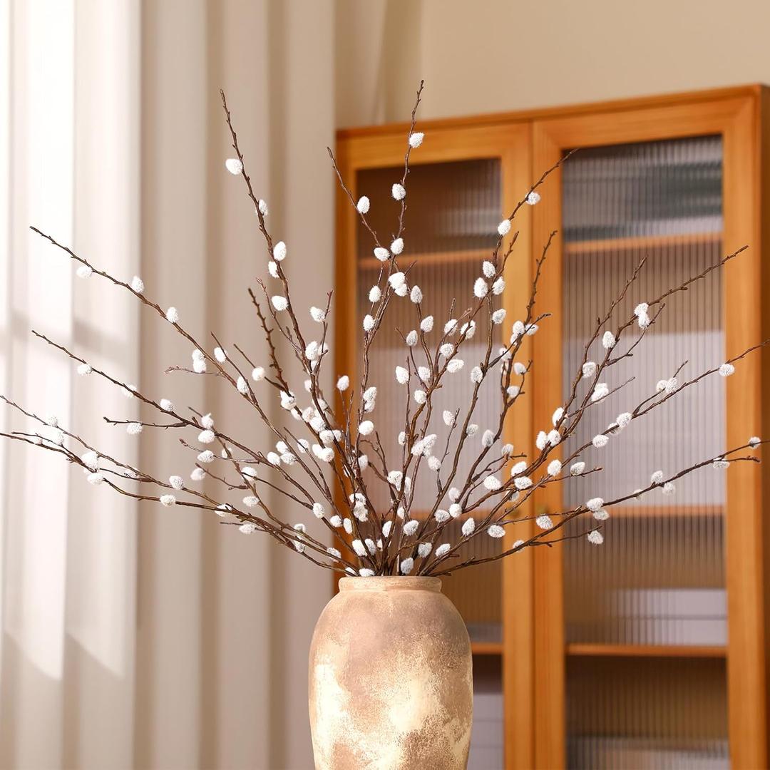 XunYee 6 Stems Easter 6 Stems 31.5'' Artificial Pussy Willow Branches Three Pronged Branch Vases Pussy Willows with White Flowers Tall Snow Willow Branches Plant for Vases Decor Wedding