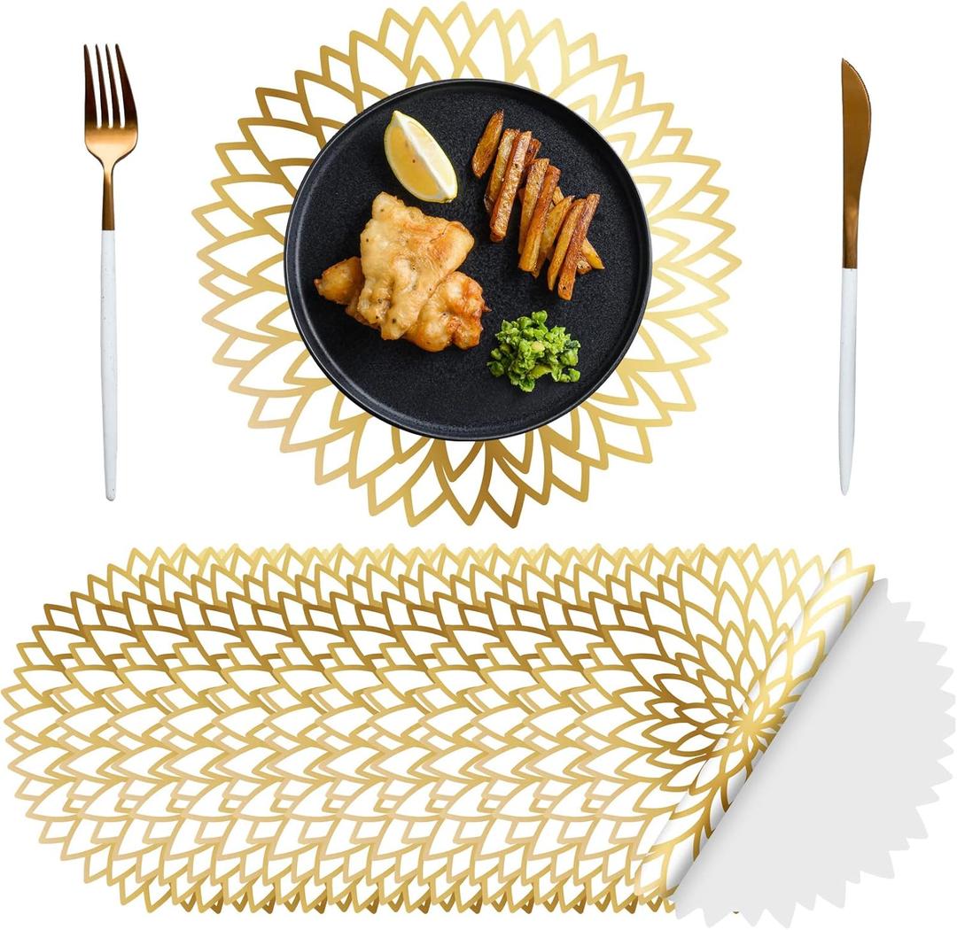 Sinmoe 100 Pack Disposable Paper Placemats Bulk 13 Inch Paper Charger Place Mat Party Charger Plates Table Place Mats for Dinner Wedding Birthday Baby Shower Spring Dining Tableware(Golden Print)