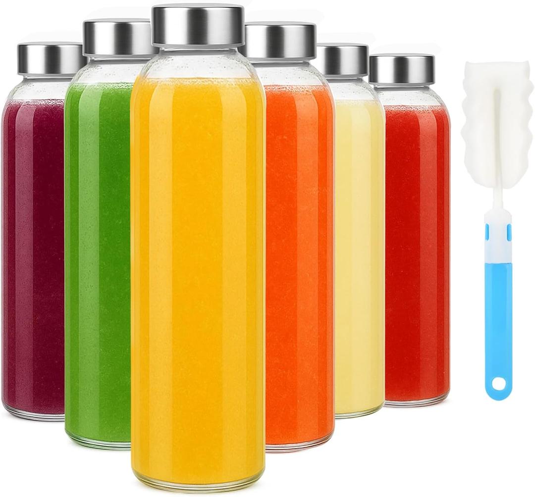 Sursip 18oz Glass Water Bottle Set of 6, Clear glass juice bottle for juicingReusable Drinking Bottles with Stainless Steel LidBeverage Storage Containers for Refrigerator-BPA FreeLeak Proof