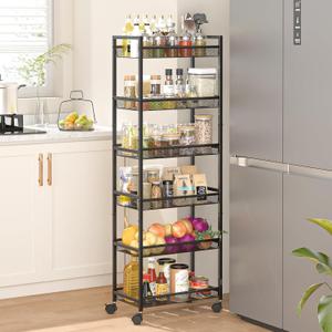 6 Tier Slim Rolling Storage Cart, Narrow Mobile Shelving Unit Organizer Utility Cart with Wheels, Metal Wire Storage Rack with Baskets for Kitchen, Bathroom, Laundry & Living Room, 10in(W) Black
