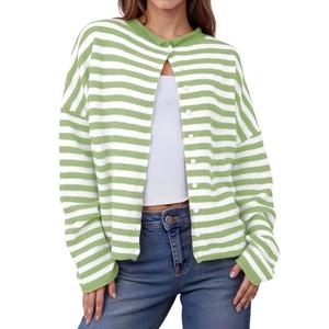 IPMQ Womens Striped Cardigans Lightweight Casual Button Up Sweaters Long Sleeve Loose Knit Cardigan Sweater Fall Winter Green,XL