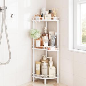 ELYKEN Corner Shower Caddy Standing, 3 Tier Rustproof Metal Shower Organizer with Soap Holder, Floor Shower Corner Shelf Rack Storage Stands with Adjustable Feet & 2 Hooks for Bathroom, White