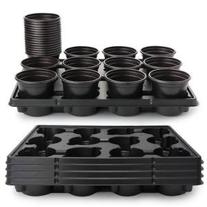 96 Pcs 4 inch Seedling Pots and 8 Pcs 12 Cell Reusable Plastic Nursery Pots Trays Thick Sturdy Seeds Starting Germination Carrying Trays Black Small Planter Nursery Propagation 8 Sets(Black)