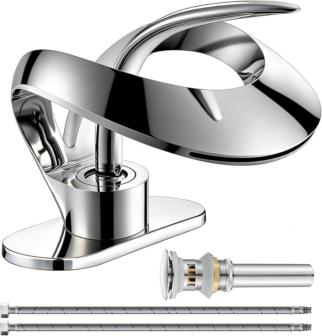Elegant Bathroom Sink Faucet Single Hole,AUU Waterfall Chrome Vanity Sink Faucet Solid Brass,Single Handle Lavatory Basin Tap with Pop Up Drian Supply Line (Chrome, Short)