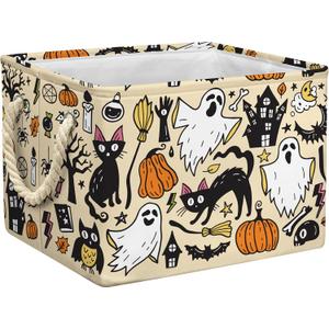 Halloween Ghost Basket Pumpkin Black Bat Boo Spooky Basket with Handles Foldable Halloween Gifts Storage Bins Boxes for Party Home Bedroom Decor (15x10x10 Inch, Beige)