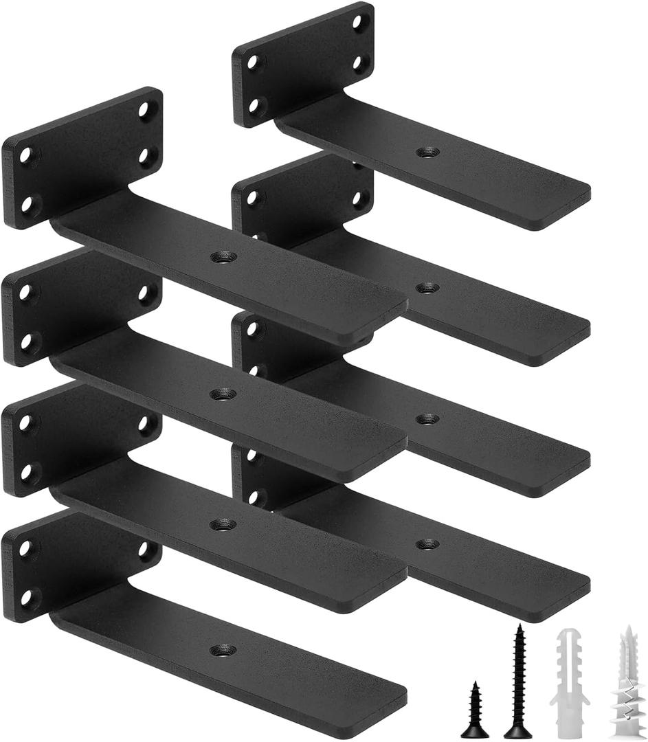 HITOMEN Heavy Duty Floating Shelf Brackets, 6-Inch (1/5'' Thick) Hidden Shelves Hardware, Iron L Brackets, Rustic Industrial Black Metal Wall Shelving Supports, 8 Pack