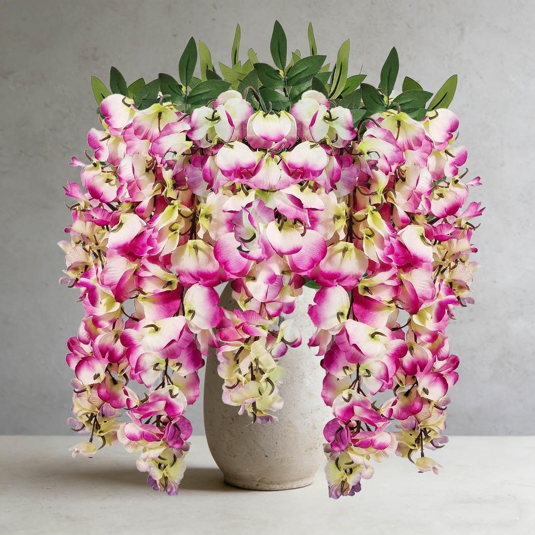 2Pcs Artificial Flowers Faux Silk Flowers Indoor Plants Hanging Wisteria Decoration for Home Indoor Kitchen Table Vase Wedding Party Table Centerpieces Outdoor Decor (Purple Fuchsia)
