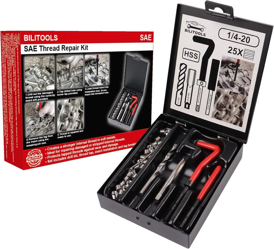 BILITOOLS 1/4-20 inch Thread Repair Kit, HSS Drill Helicoil Repair Kit SAE