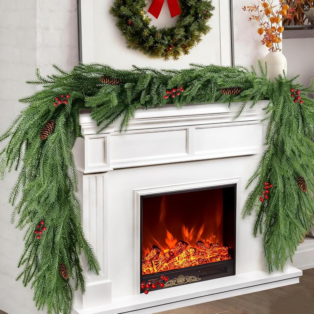 12FT(2*6FT) Christmas Norfolk Pine Garlands, Winter Decor Real Touch Pine Garland, Artificial Greenery Xmas Garland with Red Berries and Pinecones for Holiday Table,Wall,Mantel, Decoration, 2Pack
