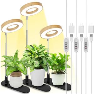 LORDEM Bamboo Base Desktop Grow Light, LED Plant Lamp with Full Spectrum, 4 Adjustable Brightness Levels, 4H/8H/12H Auto Timer for Indoor Plants Growing, Height Adjustable 7.8"-26", 3 Pack