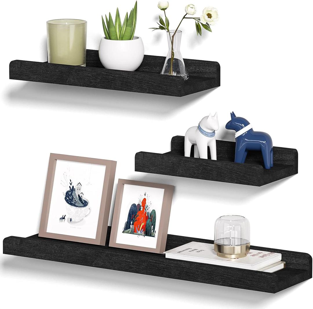 Alsonerbay Black Floating Shelves Wall Mounted Set of 3, 23.6 Inch Rustic Wood Wall Shelves for Storage and Display for Bedroom Living Room Bathroom Kitchen Office and More, 6D x 1.5W x 23.6H in