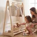 Kids Clothing Rack with 6 Hangers - Wooden Montessori Toddler Clothes Rack