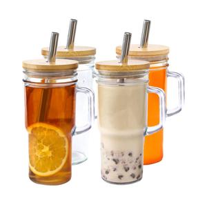 24oz Glass Cups with Lids and Straws - Glass Tumbler cup with bamboo lids and straw iced coffee cup