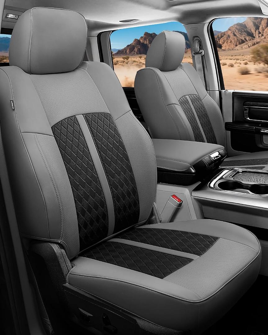 Leather Car Seat Covers for Dodge Ram 1500 4 Door 2012-2018 Crew Cab, Custom Fit Truck Seat Protectors Full Set, Gray Black (Bucket Seat with 40/60 Split Rear Curved Bench)