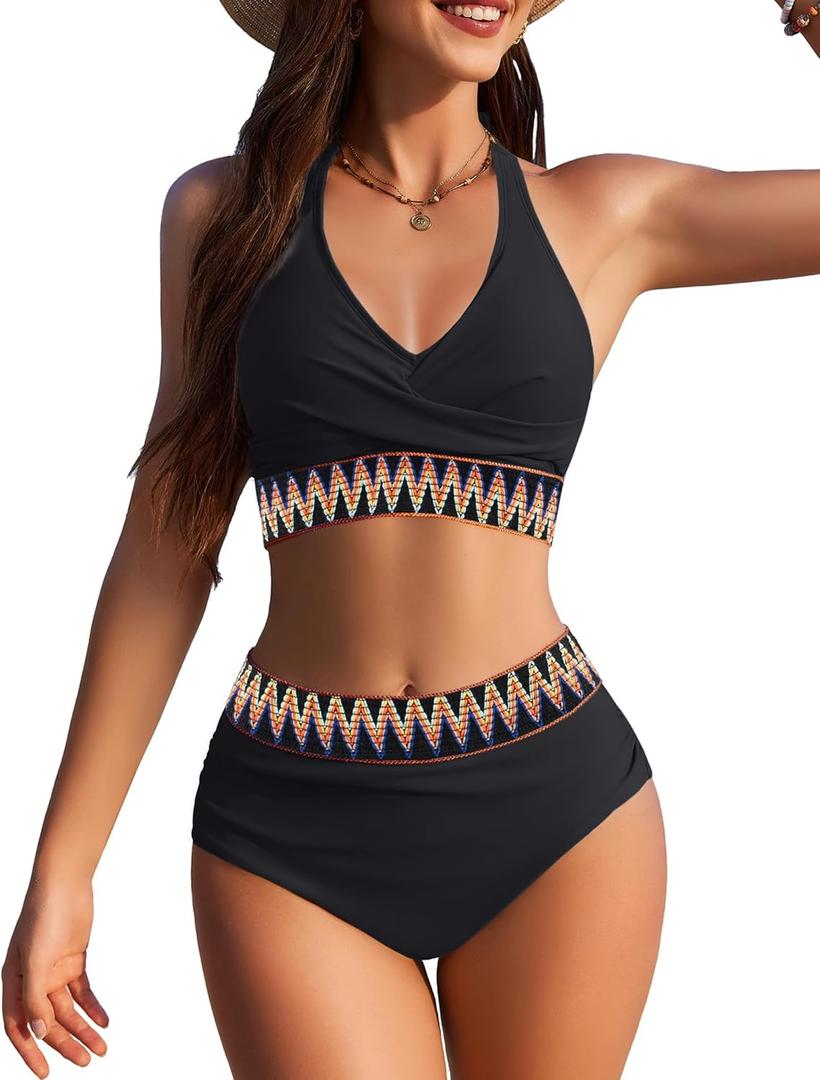 AI'MAGE Women High Waisted Bikini Sets Tummy Control Swimsuits Two Piece Swim Suits 2025 Color Block Halter Bathing Suits (Small, Black)