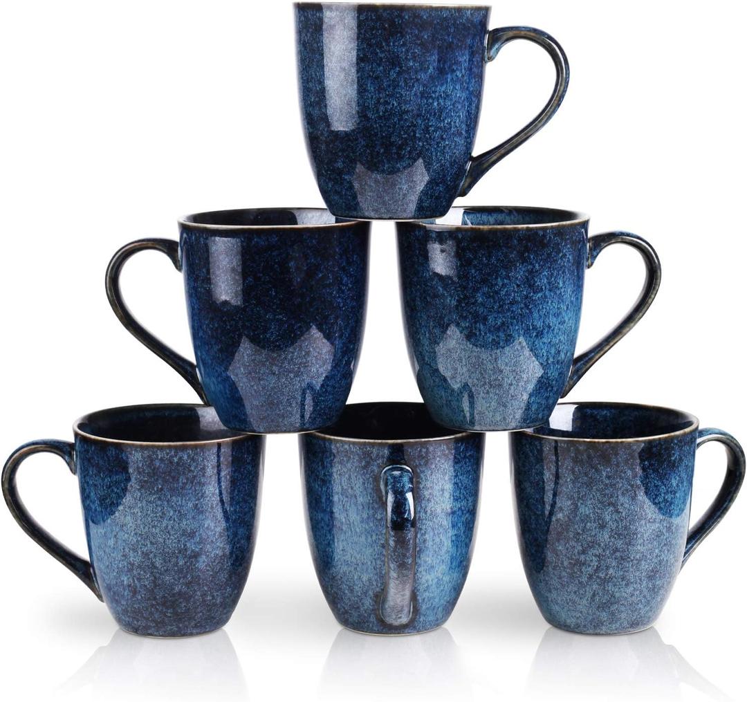 vicrays Coffee Mug Set, 12 Ounce, Set of 6, Ceramic Mug for Men, Women, Unique Glazed Mugs with Handle for Coffee, Tea, Milk, Cocoa, Cereal (Blue)