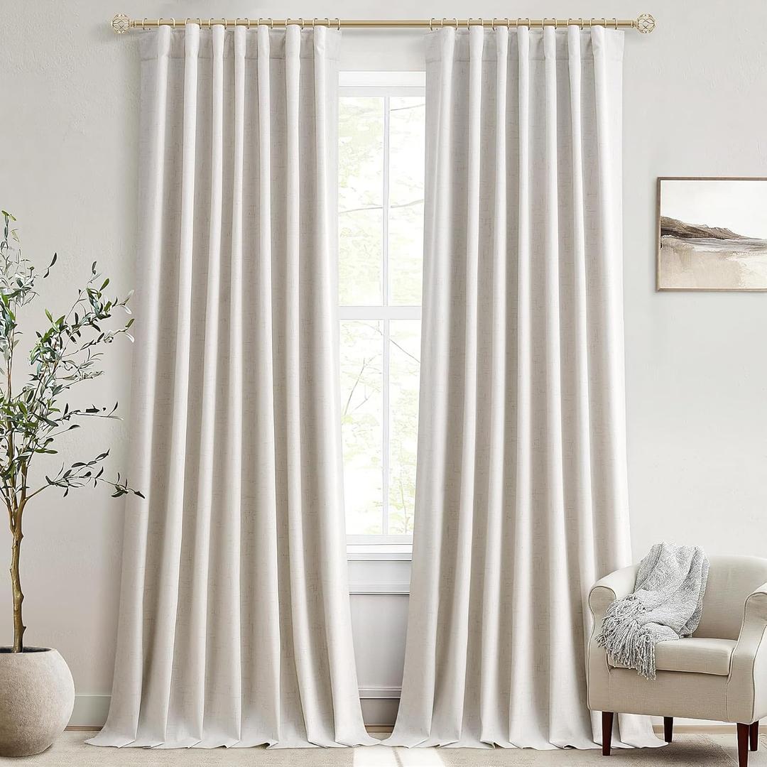 100 Percent Room Darkening Curtains 102 Inches Long Back Tab Black Out Linen Drapes for Patio Door Light Blocking Full Blackout Curtains for Bedroom Elegant Window Treatments Natural Cream 52x102