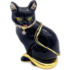 JWT Astyle Luxury Black Cat Hinged Jewelry Box with Crystals, Hand Painted Cat Figurine Trinket Box, Classic Animal Designs, Rings Earrings Necklace Storage Box, Cat Home Decor Gift