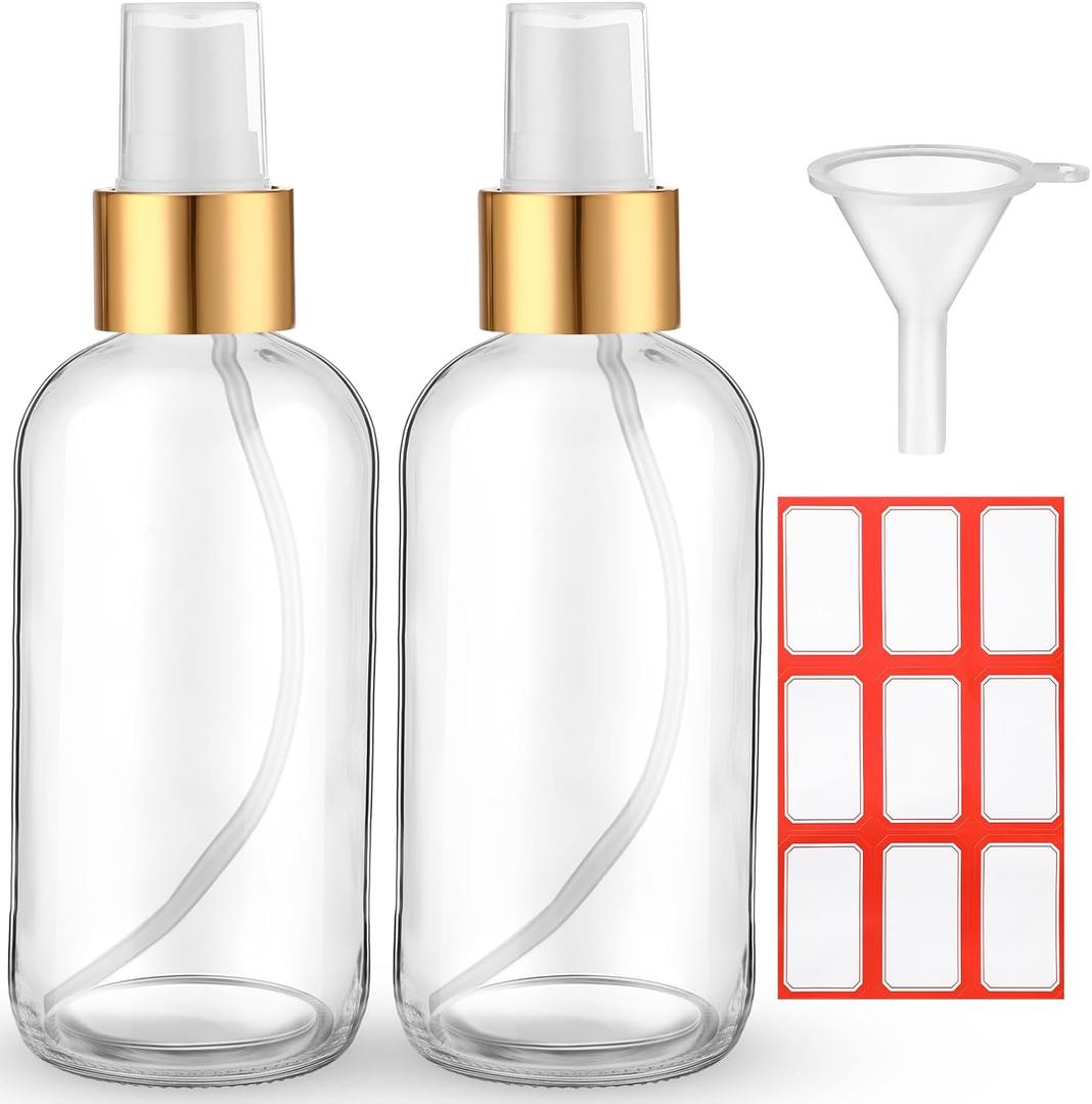 Fumete 2 Pack Glass Bottles 4oz Empty Refillable Liquid Containers with 1 Label 1 Funnel for Essential Oils Hair Travel Plants Cleaning Skin Care(Clear, Golden Top,Mist Bottle)