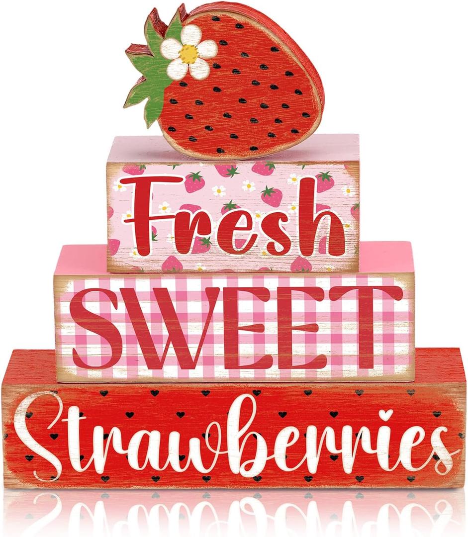 4 Pcs Strawberry Table Decorations Strawberry Table Centerpiece Farmhouse Fresh Sweet Wooden Sign Summer Tiered Tray Decor Books Stack Signs Block for Coffee Home Office Decorations Shelf