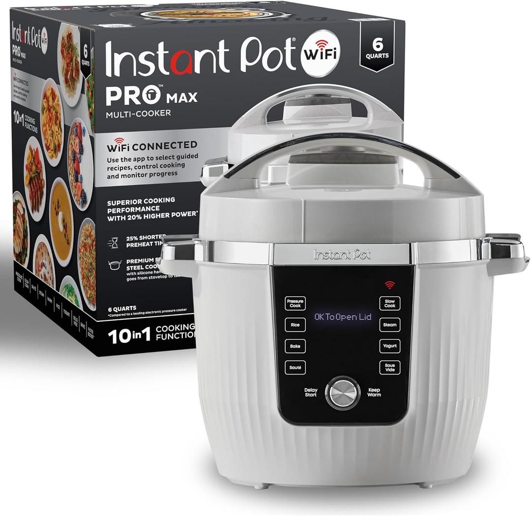 Instant Pot PRO Max Wi-Fi Smart 10-in-1 Pressure Cooker, Steamer, Saute, Warmer, Rice Cooker, Yogurt Maker, Sous Vide, Baker, NutriBoost - Includes App with 2000+ Recipes - 6 Quart (White)