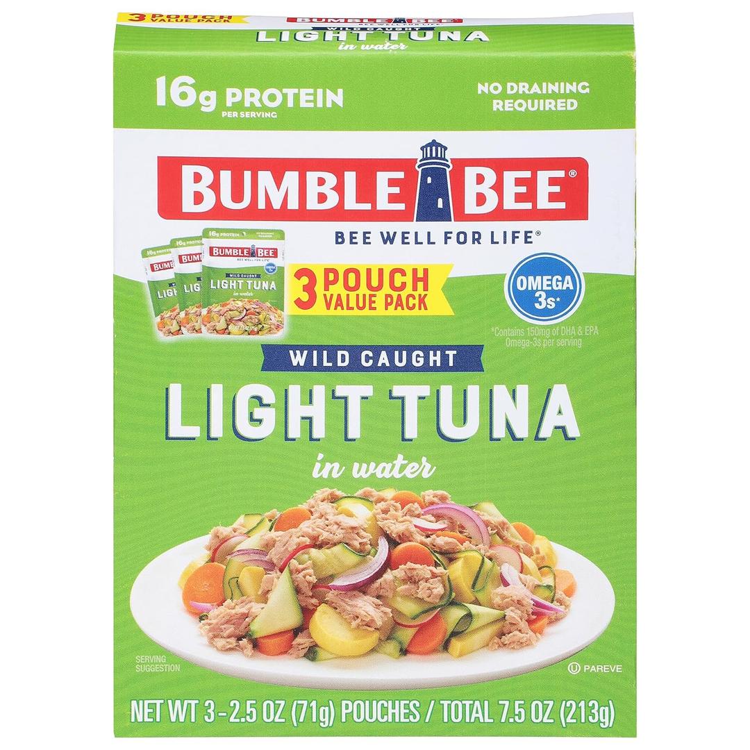Bumble Bee Chunk Light Tuna in Water, 2.5 oz Pouches (Pack of 3) - Ready to Eat Wild Caught Skipjack Tuna Packet - 16g Protein per Serving - MSC Sustainable Seafood, Non-GMO, Gluten Free, Kosher (EXP 12/10/26)