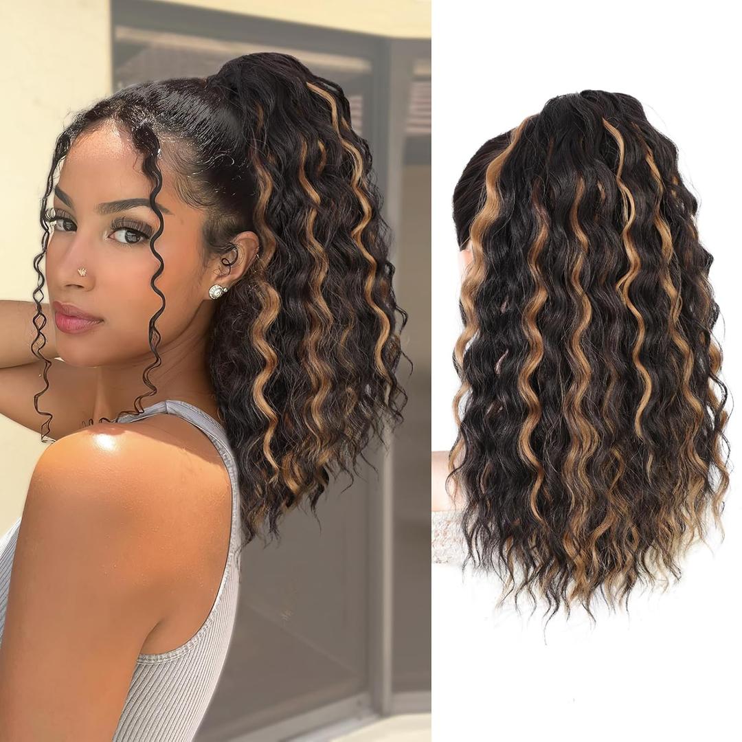 QGZ Ponytail Extension Drawstring Ponytail for Black Women 18 Inch Synthetic Long Afro Curly Fluffy Ponytail for Daily Use(Dark Brown with Golden Blonde Highlights)