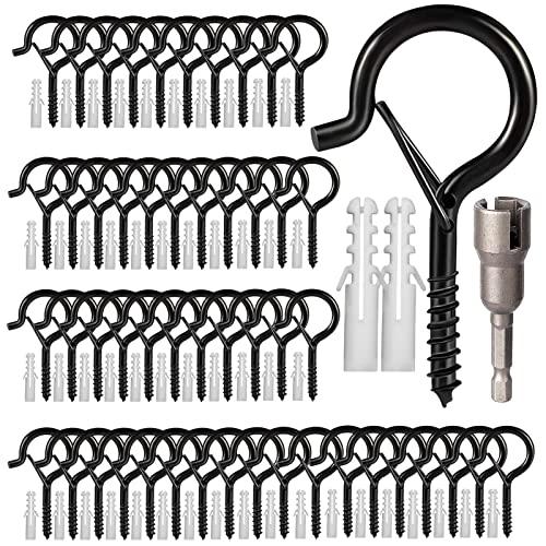 Hooks for Outdoor String Lights, 52 Pack Screw Hooks for Hanging Plants Led Party Lights Garage Wind Chimes, Black Heavy Duty Q Hanger Ceiling with Safety Buckle, Box and Wing Nut Driver